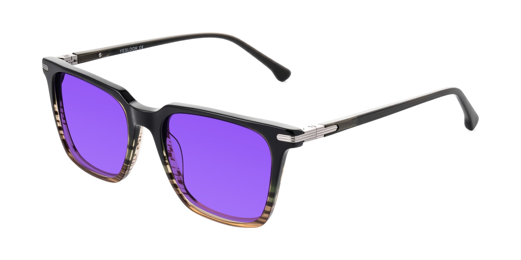 Angle of Miyaha in Dark Green Brown Striped with Purple Tinted Lenses