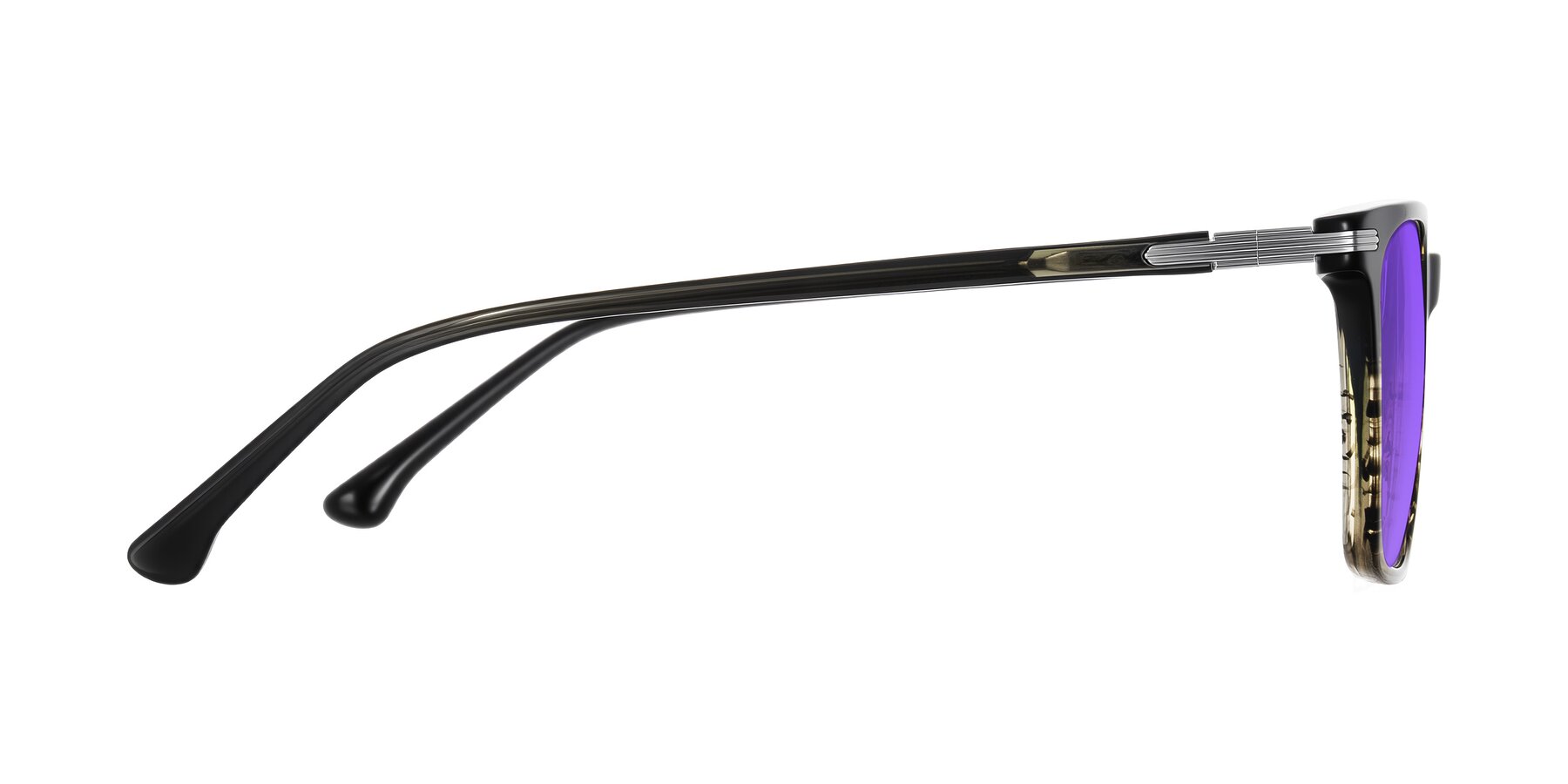 Side of Miyaha in Dark Green Brown Striped with Purple Tinted Lenses
