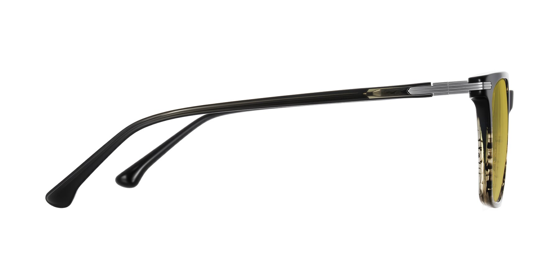 Side of Miyaha in Dark Green Brown Striped with Champagne Tinted Lenses