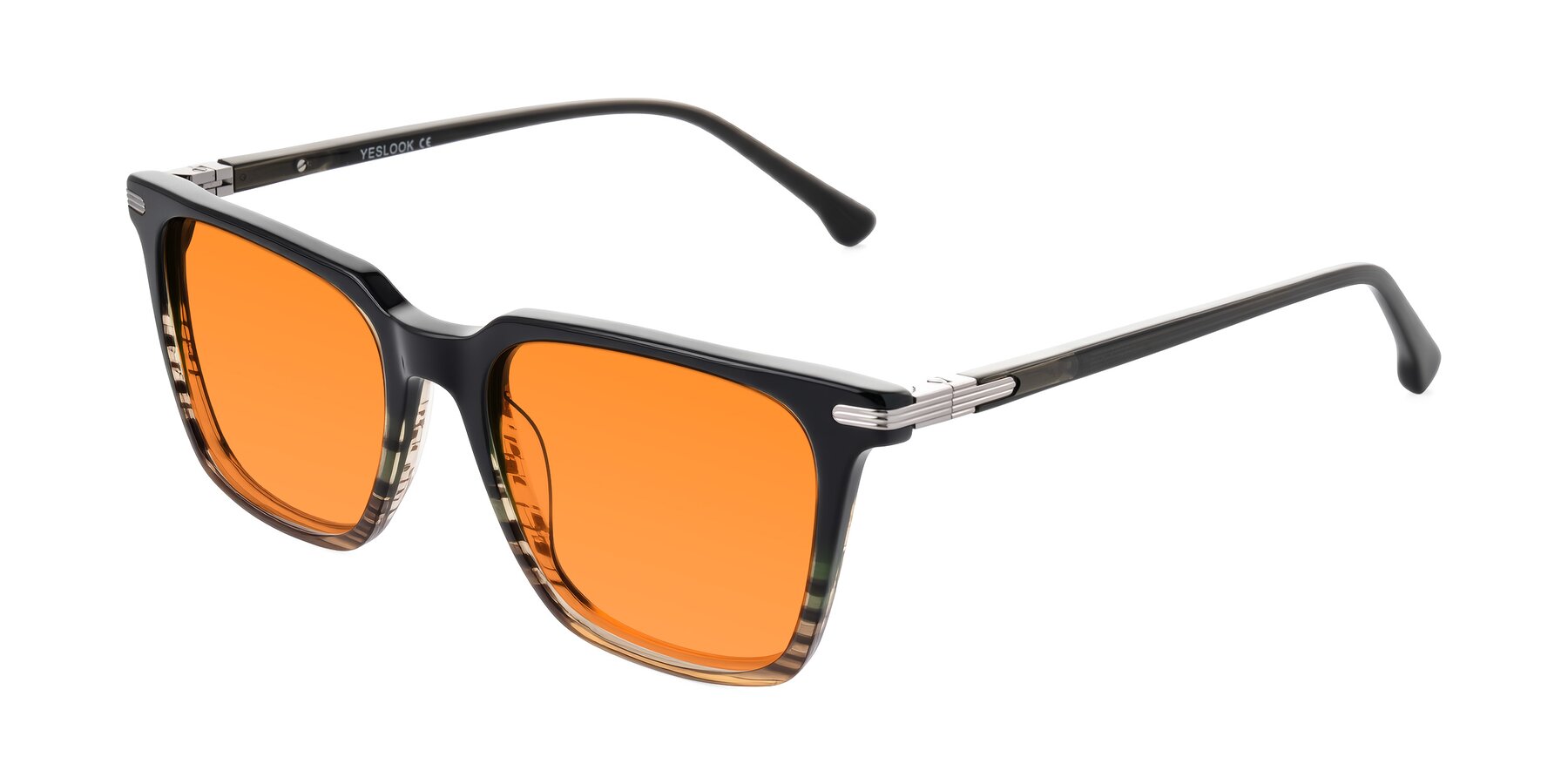 Angle of Miyaha in Dark Green Brown Striped with Orange Tinted Lenses