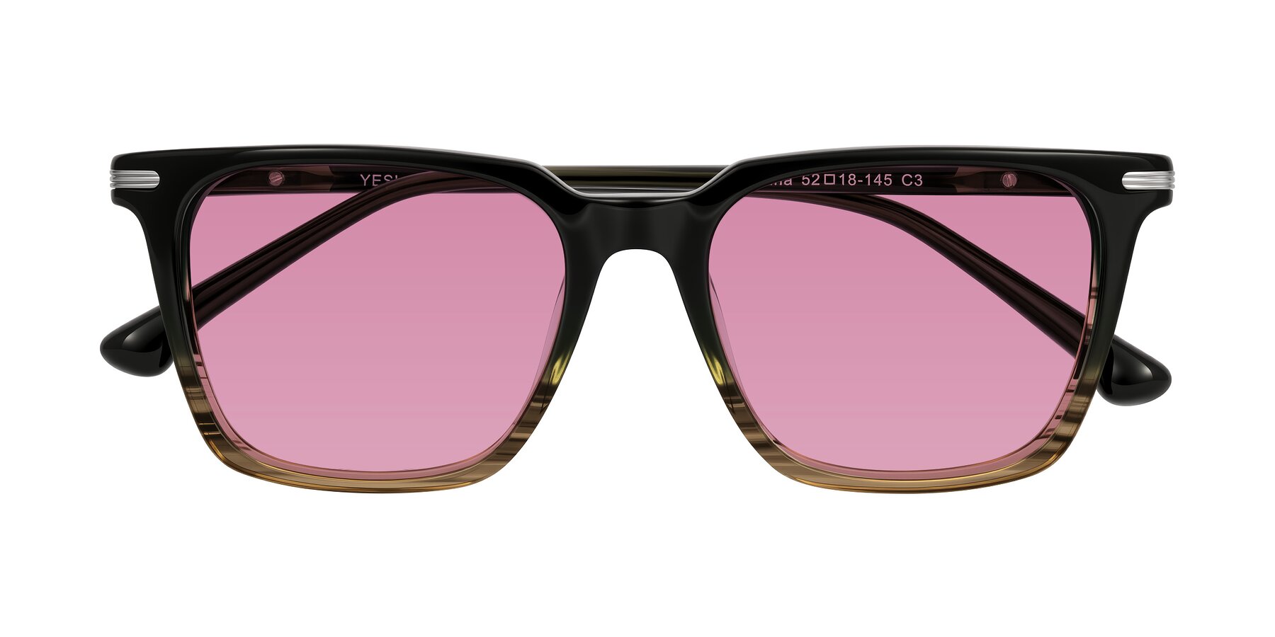 Folded Front of Miyaha in Dark Green Brown Striped with Medium Wine Tinted Lenses