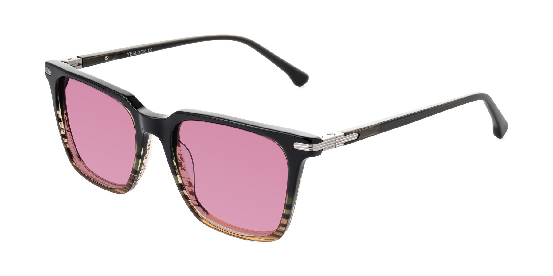 Angle of Miyaha in Dark Green Brown Striped with Medium Wine Tinted Lenses