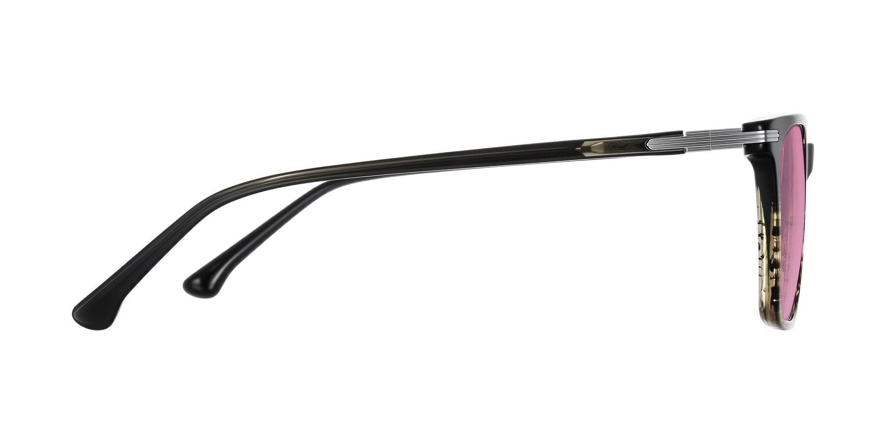 Side of Miyaha in Dark Green Brown Striped with Medium Wine Tinted Lenses
