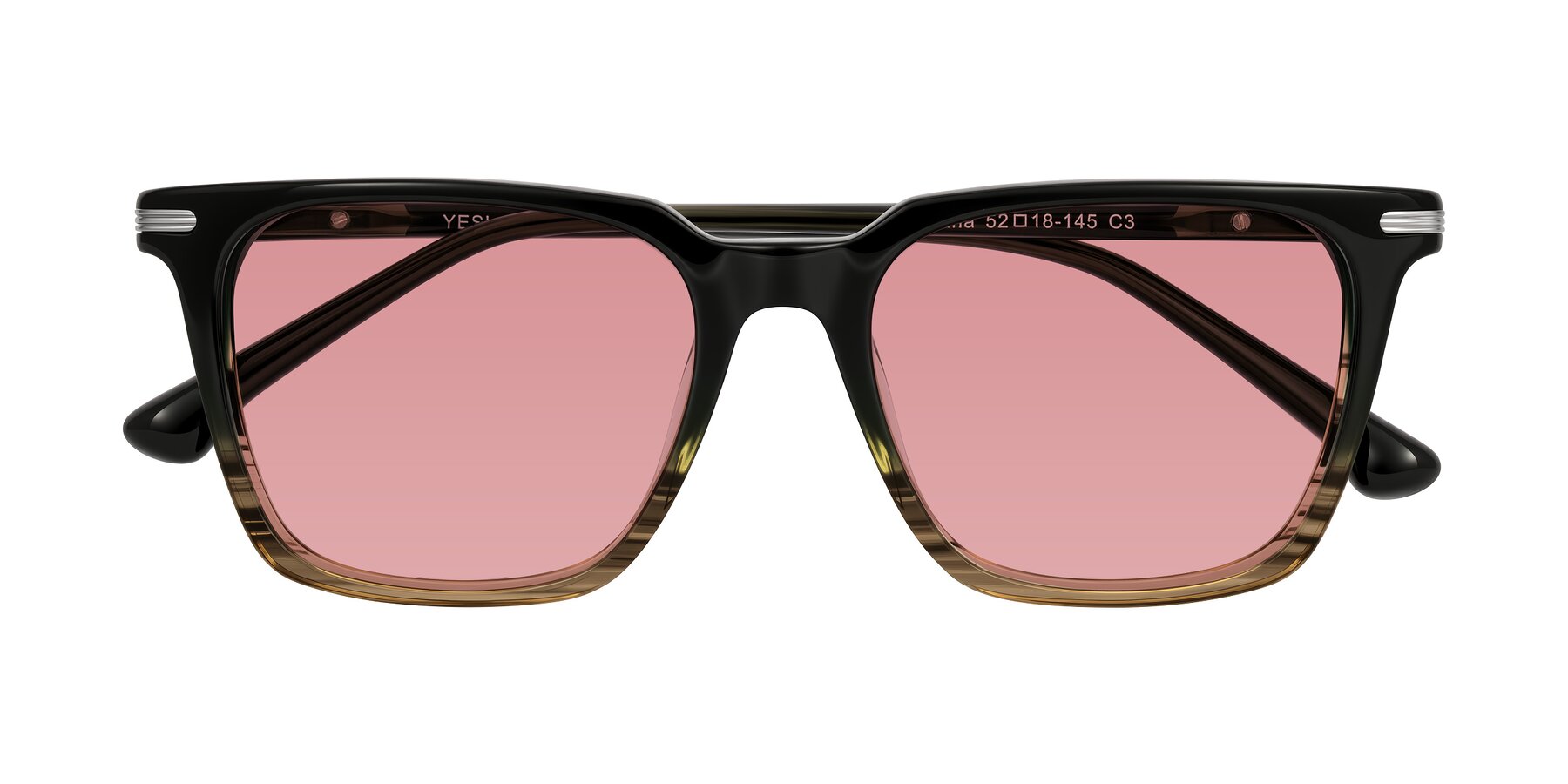 Folded Front of Miyaha in Dark Green Brown Striped with Medium Garnet Tinted Lenses
