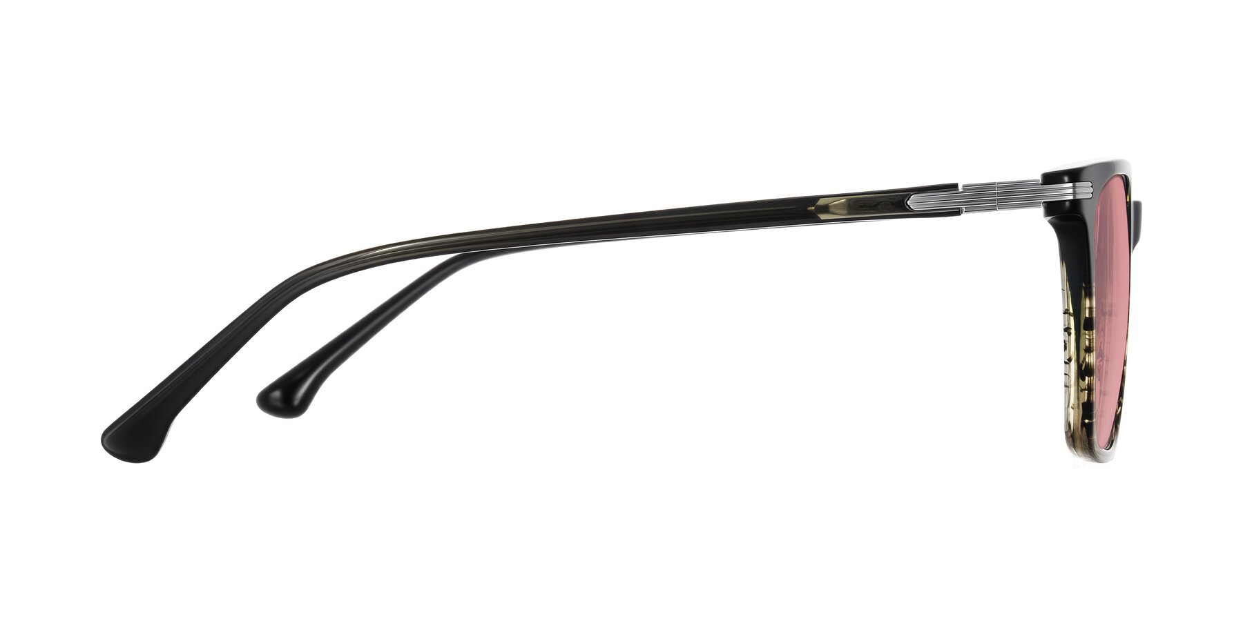 Side of Miyaha in Dark Green Brown Striped with Medium Garnet Tinted Lenses