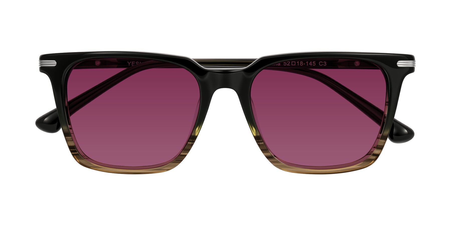 Folded Front of Miyaha in Dark Green Brown Striped with Wine Tinted Lenses