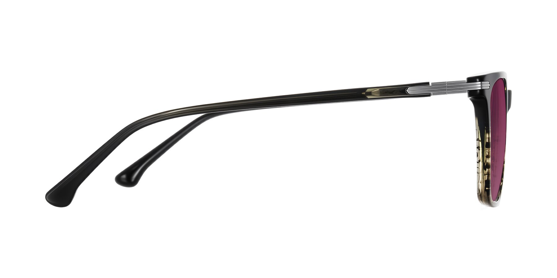 Side of Miyaha in Dark Green Brown Striped with Wine Tinted Lenses