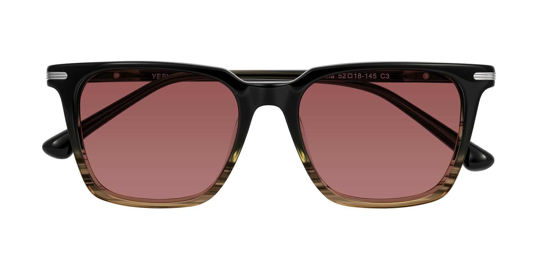 Folded Front of Miyaha in Dark Green Brown Striped with Garnet Tinted Lenses