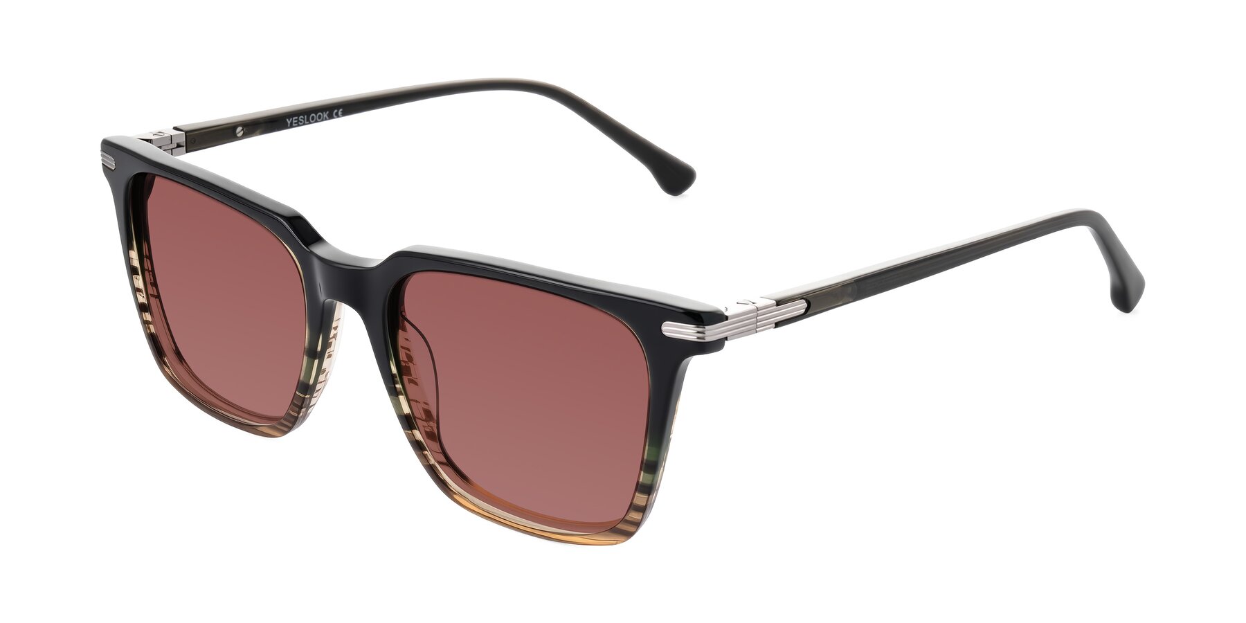 Angle of Miyaha in Dark Green Brown Striped with Garnet Tinted Lenses