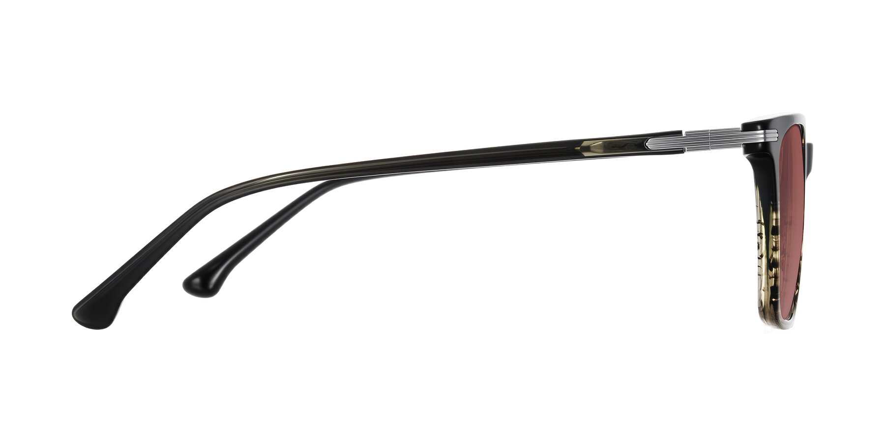 Side of Miyaha in Dark Green Brown Striped with Garnet Tinted Lenses