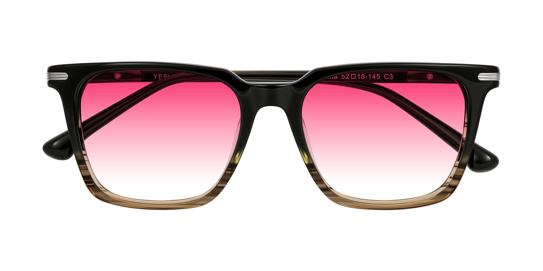 Folded Front of Miyaha in Dark Green Brown Striped with Pink Gradient Lenses