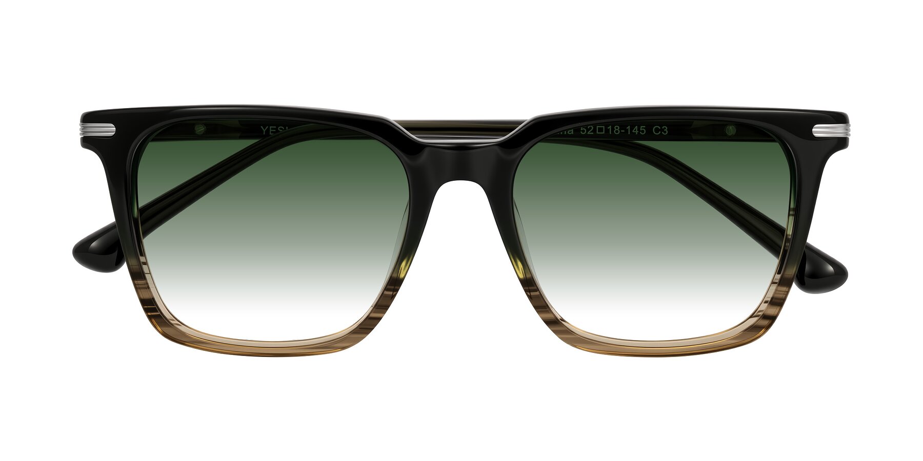 Folded Front of Miyaha in Dark Green Brown Striped with Green Gradient Lenses
