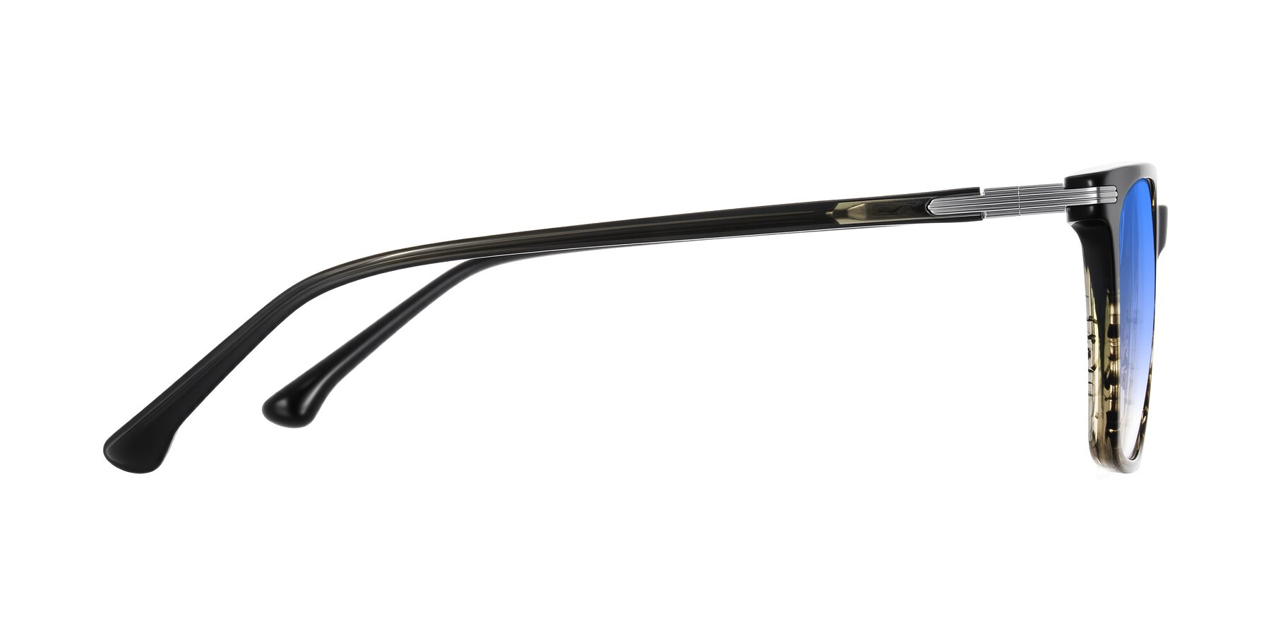 Side of Miyaha in Dark Green Brown Striped with Blue Gradient Lenses