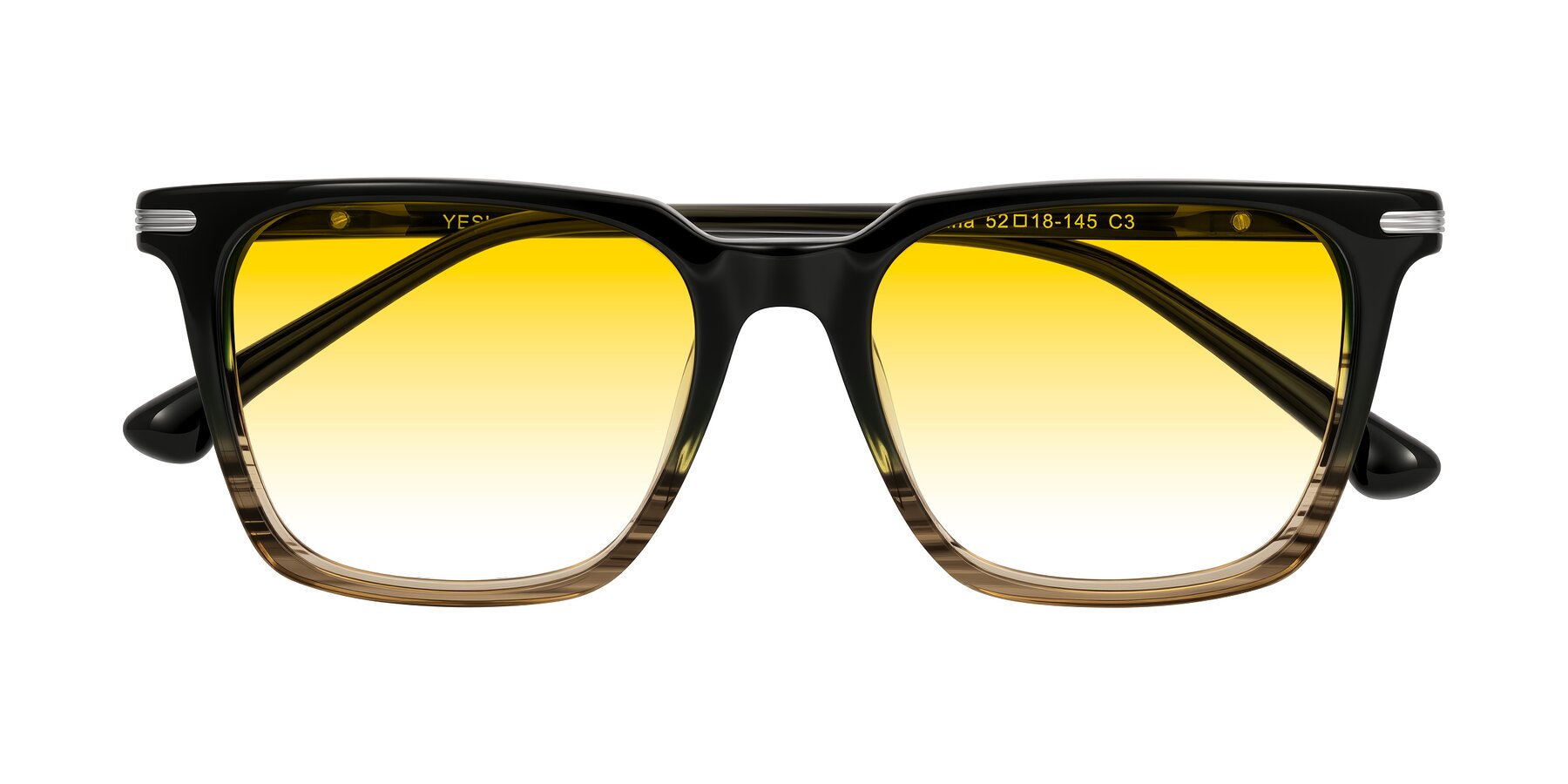 Folded Front of Miyaha in Dark Green Brown Striped with Yellow Gradient Lenses