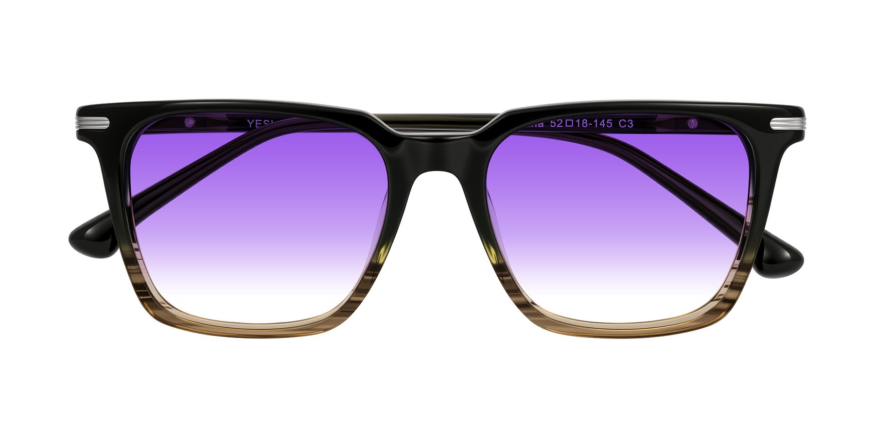Folded Front of Miyaha in Dark Green Brown Striped with Purple Gradient Lenses