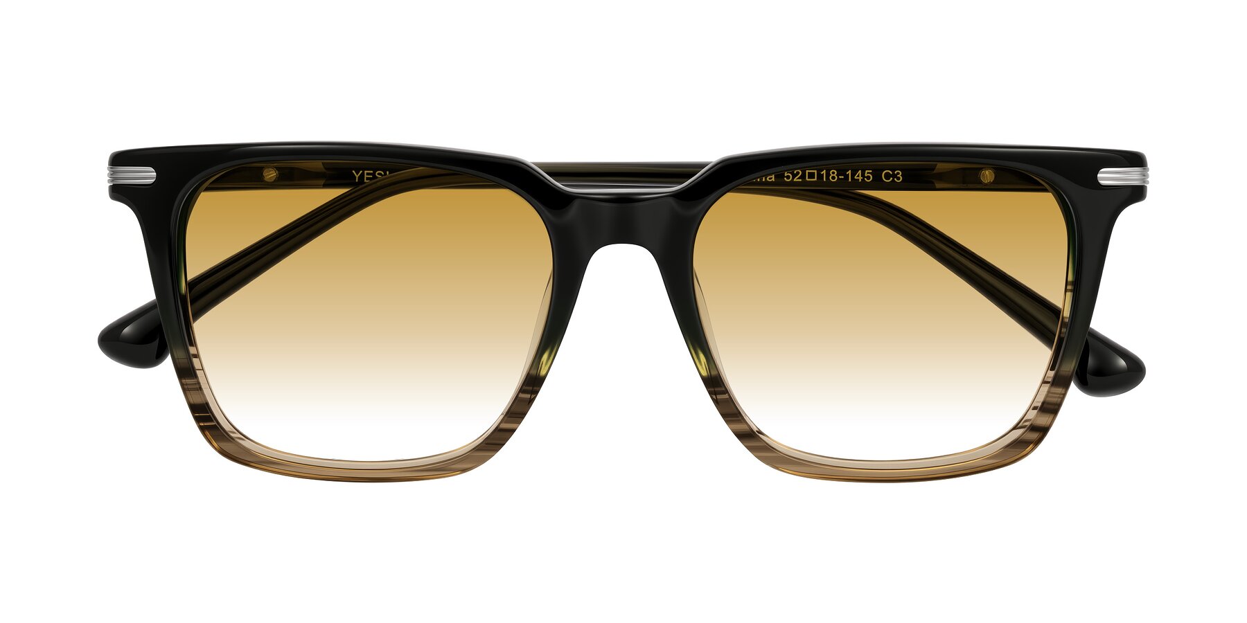 Folded Front of Miyaha in Dark Green Brown Striped with Champagne Gradient Lenses