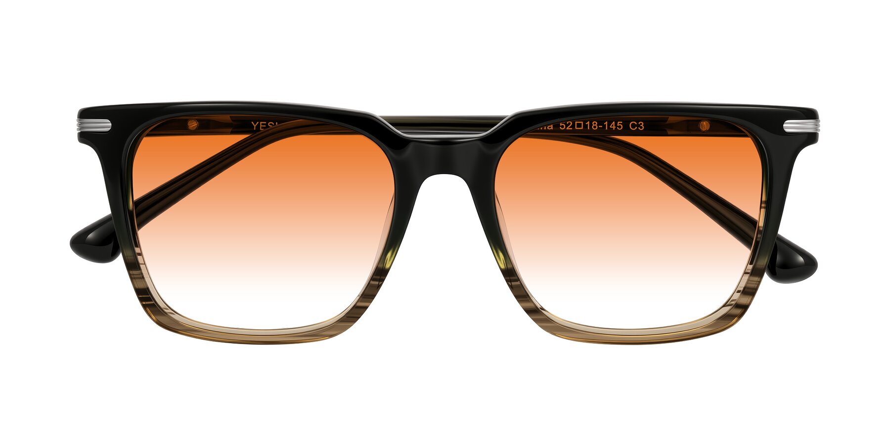 Folded Front of Miyaha in Dark Green Brown Striped with Orange Gradient Lenses