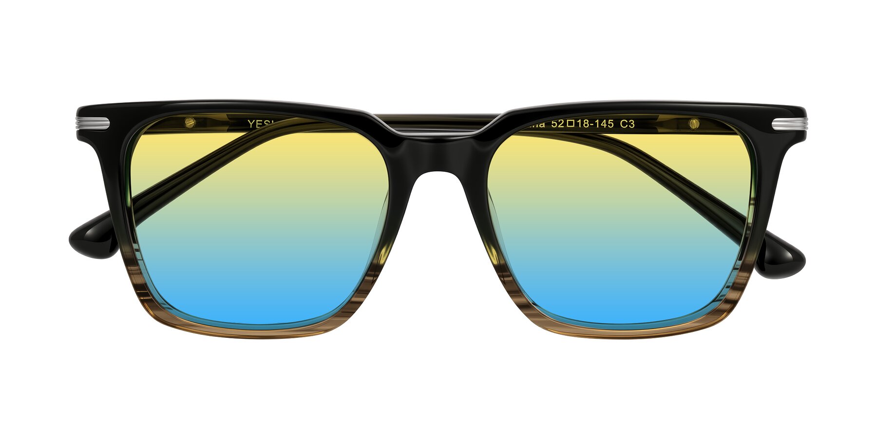 Folded Front of Miyaha in Dark Green Brown Striped with Yellow / Blue Gradient Lenses