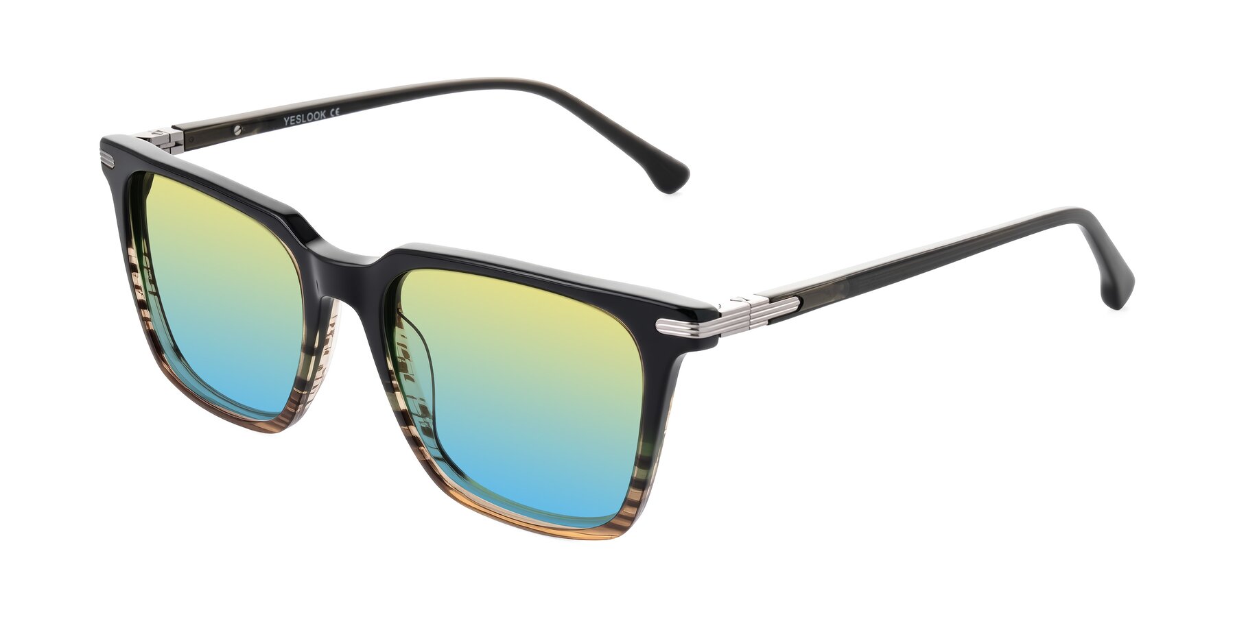 Angle of Miyaha in Dark Green Brown Striped with Yellow / Blue Gradient Lenses
