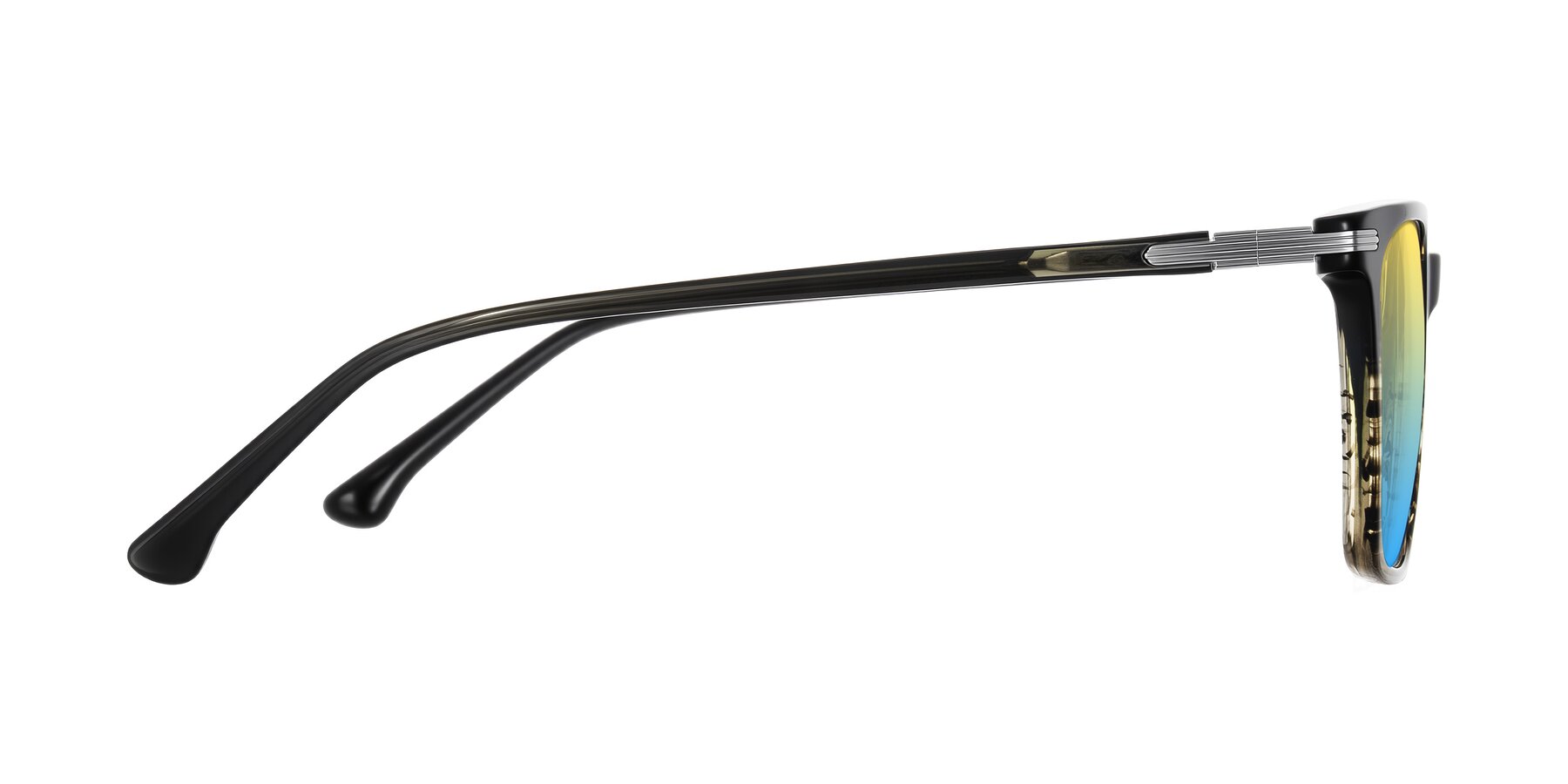 Side of Miyaha in Dark Green Brown Striped with Yellow / Blue Gradient Lenses