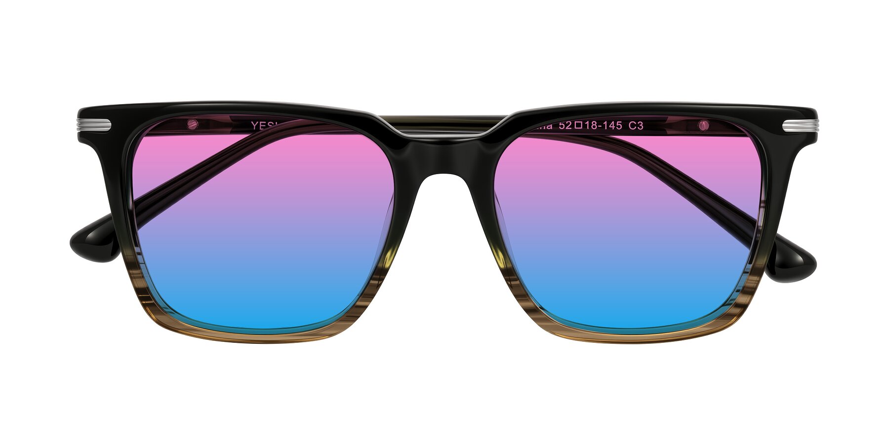 Folded Front of Miyaha in Dark Green Brown Striped with Pink / Blue Gradient Lenses
