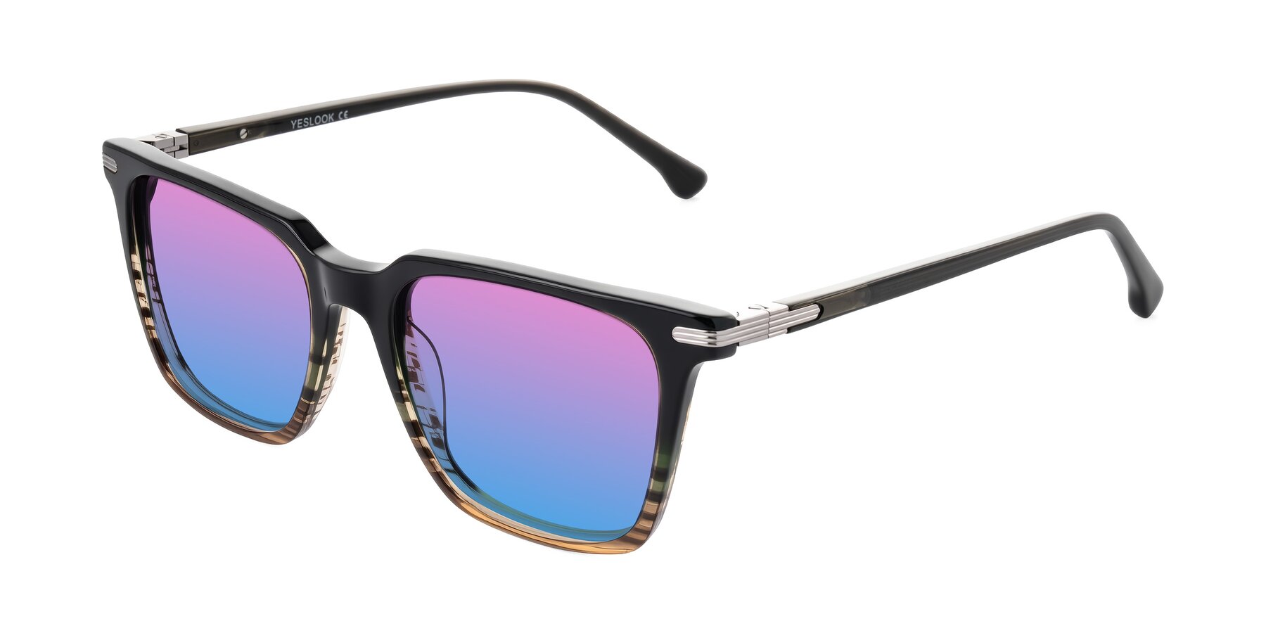 Angle of Miyaha in Dark Green Brown Striped with Pink / Blue Gradient Lenses