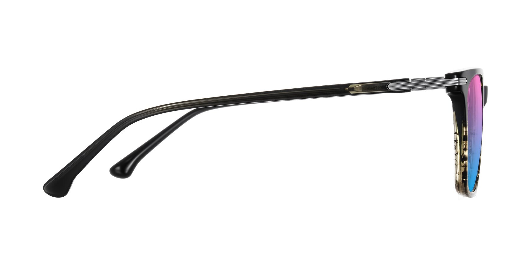 Side of Miyaha in Dark Green Brown Striped with Pink / Blue Gradient Lenses