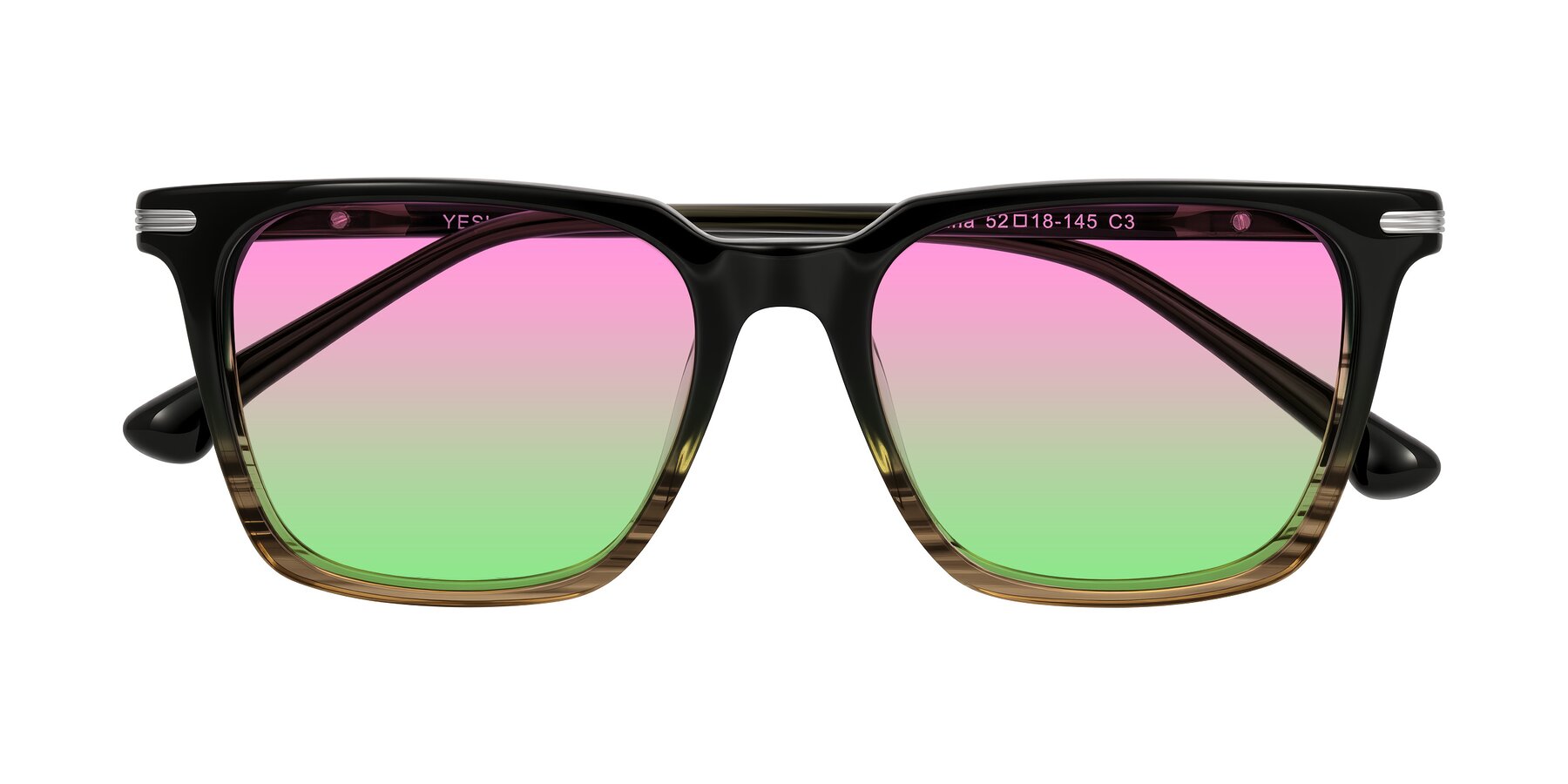 Folded Front of Miyaha in Dark Green Brown Striped with Pink / Green Gradient Lenses