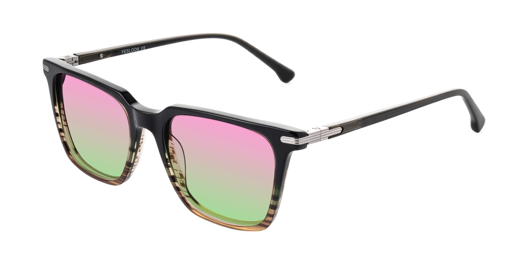 Angle of Miyaha in Dark Green Brown Striped with Pink / Green Gradient Lenses