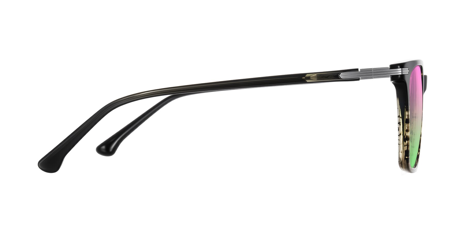 Side of Miyaha in Dark Green Brown Striped with Pink / Green Gradient Lenses