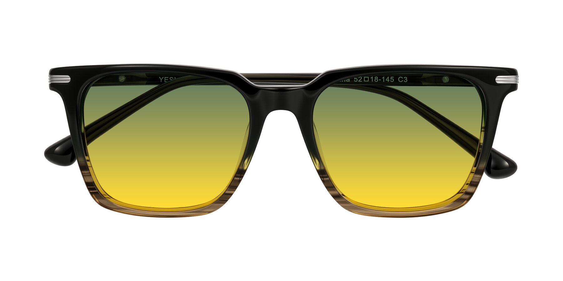 Folded Front of Miyaha in Dark Green Brown Striped with Green / Yellow Gradient Lenses