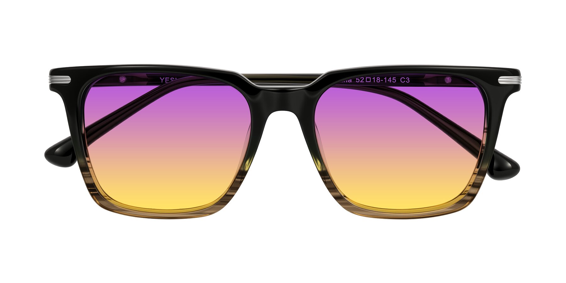 Folded Front of Miyaha in Dark Green Brown Striped with Purple / Yellow Gradient Lenses