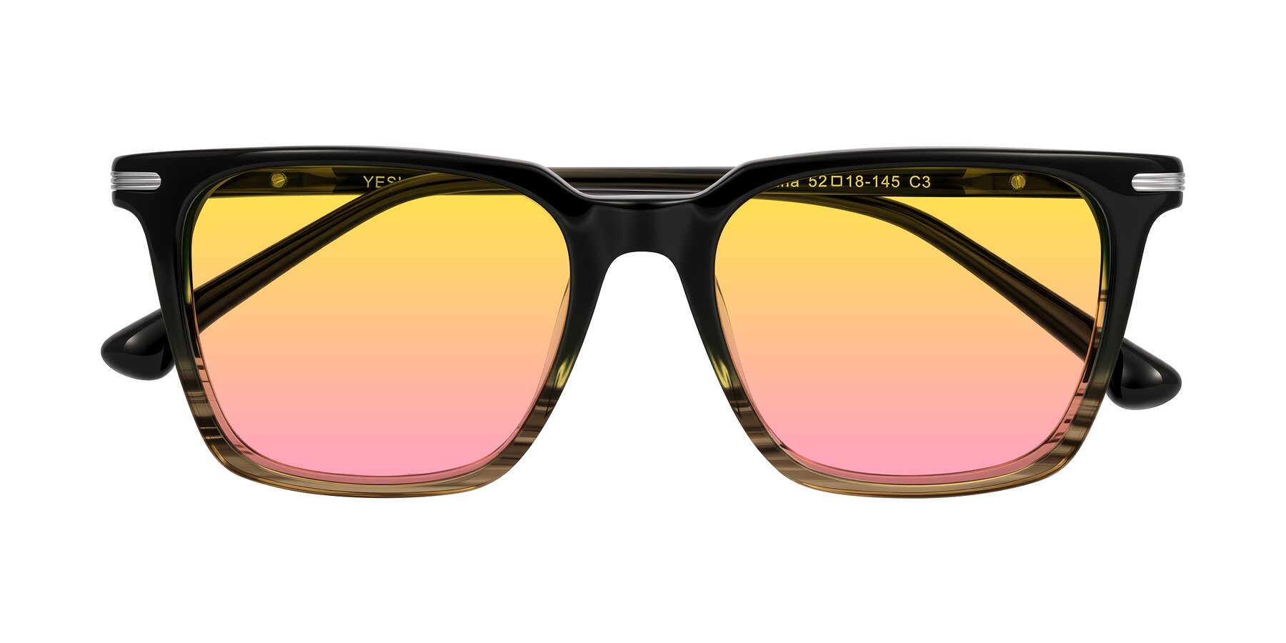 Folded Front of Miyaha in Dark Green Brown Striped with Yellow / Pink Gradient Lenses