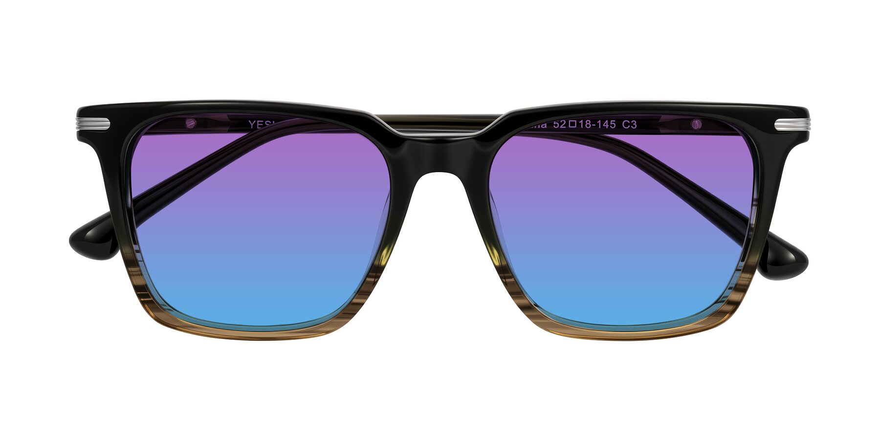 Folded Front of Miyaha in Dark Green Brown Striped with Purple / Blue Gradient Lenses