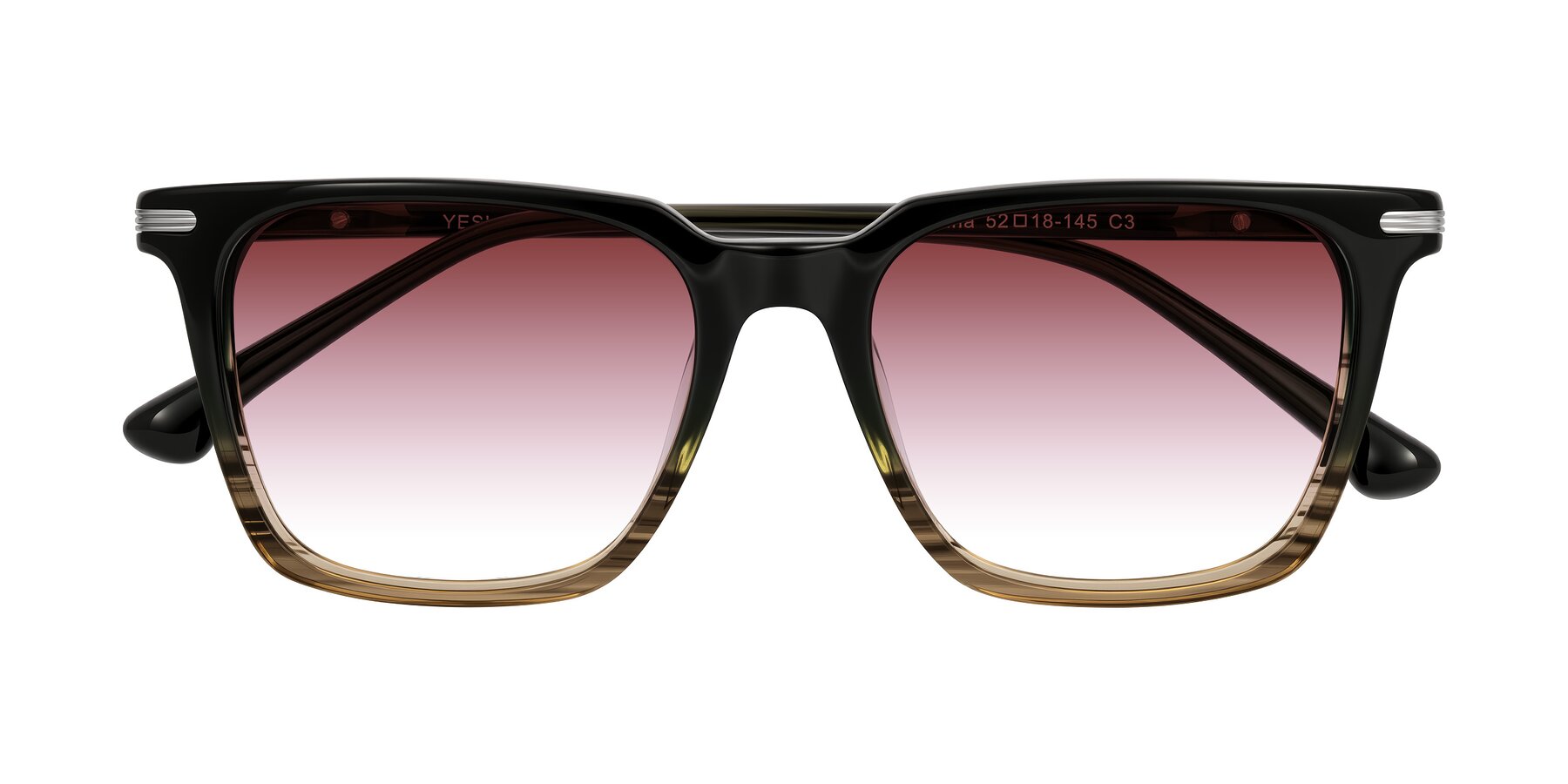 Folded Front of Miyaha in Dark Green Brown Striped with Garnet Gradient Lenses