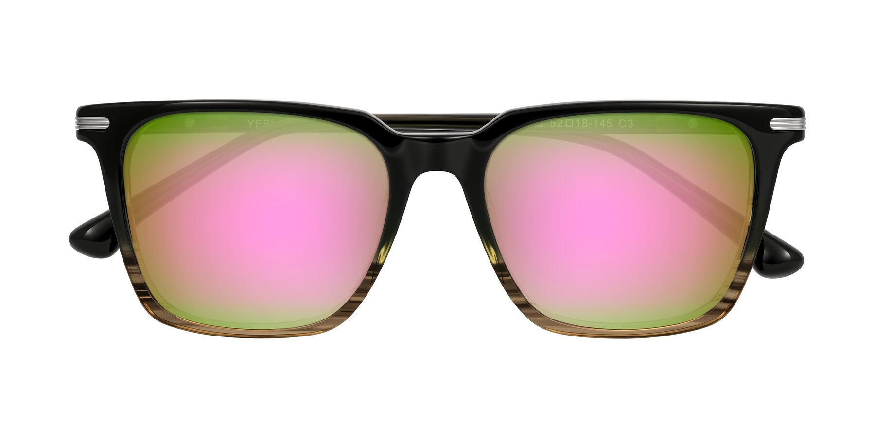 Folded Front of Miyaha in Dark Green Brown Striped with Pink Mirrored Lenses