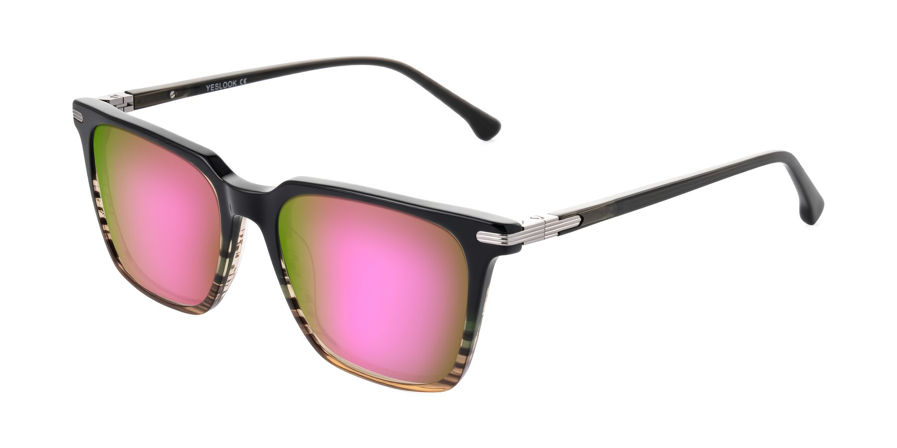 Angle of Miyaha in Dark Green Brown Striped with Pink Mirrored Lenses