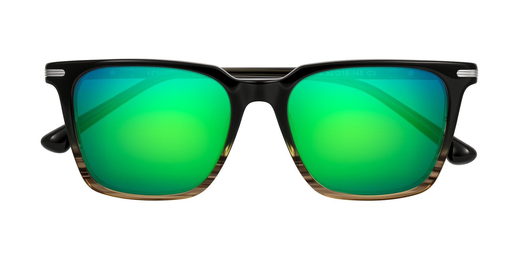 Folded Front of Miyaha in Dark Green Brown Striped with Green Mirrored Lenses