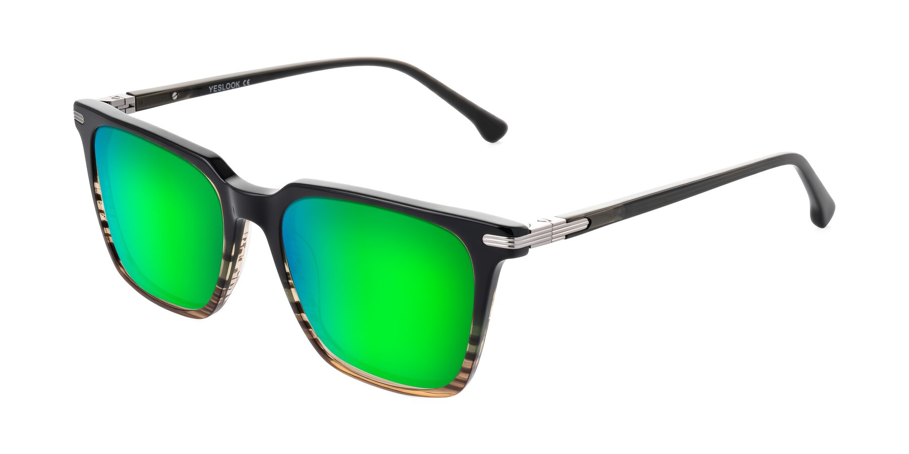 Angle of Miyaha in Dark Green Brown Striped with Green Mirrored Lenses