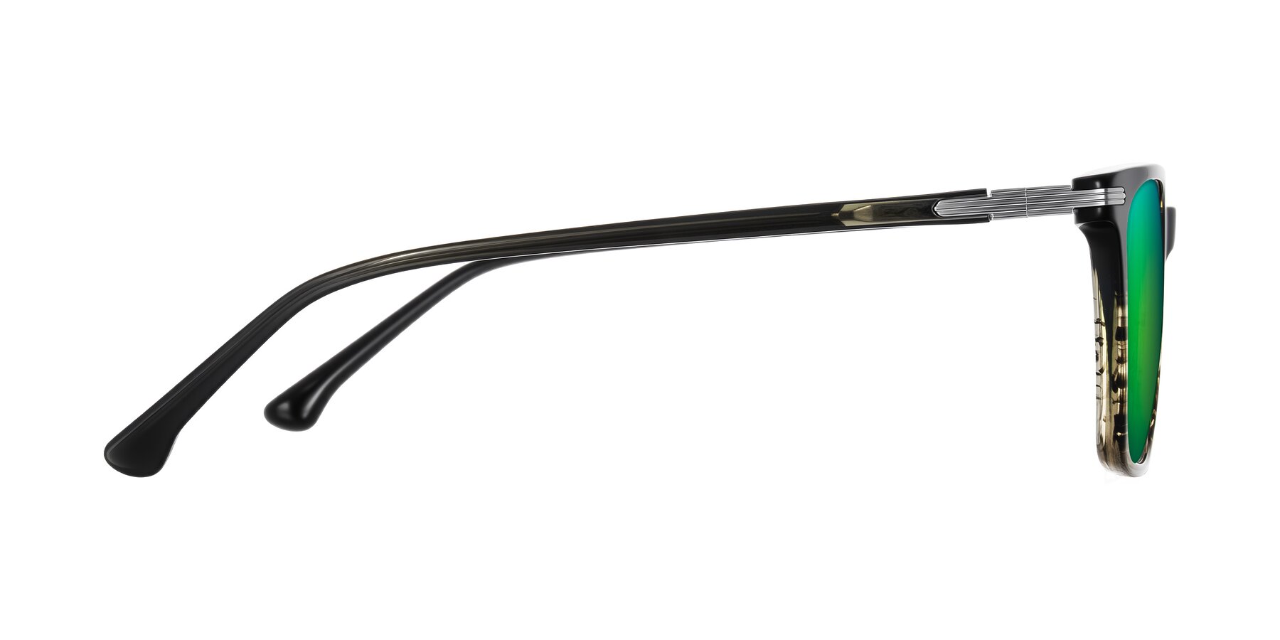 Side of Miyaha in Dark Green Brown Striped with Green Mirrored Lenses