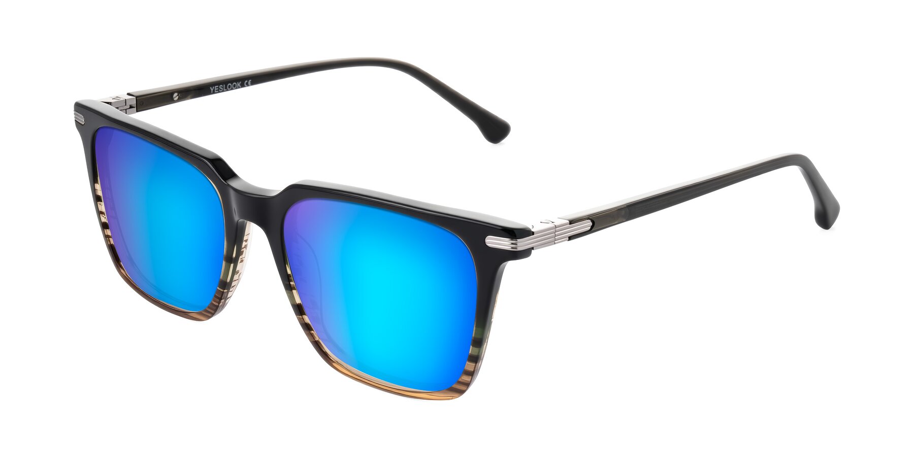 Angle of Miyaha in Dark Green Brown Striped with Blue Mirrored Lenses