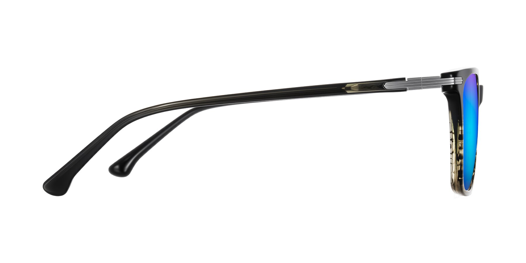 Side of Miyaha in Dark Green Brown Striped with Blue Mirrored Lenses