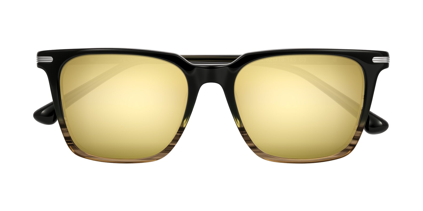 Folded Front of Miyaha in Dark Green Brown Striped with Gold Mirrored Lenses