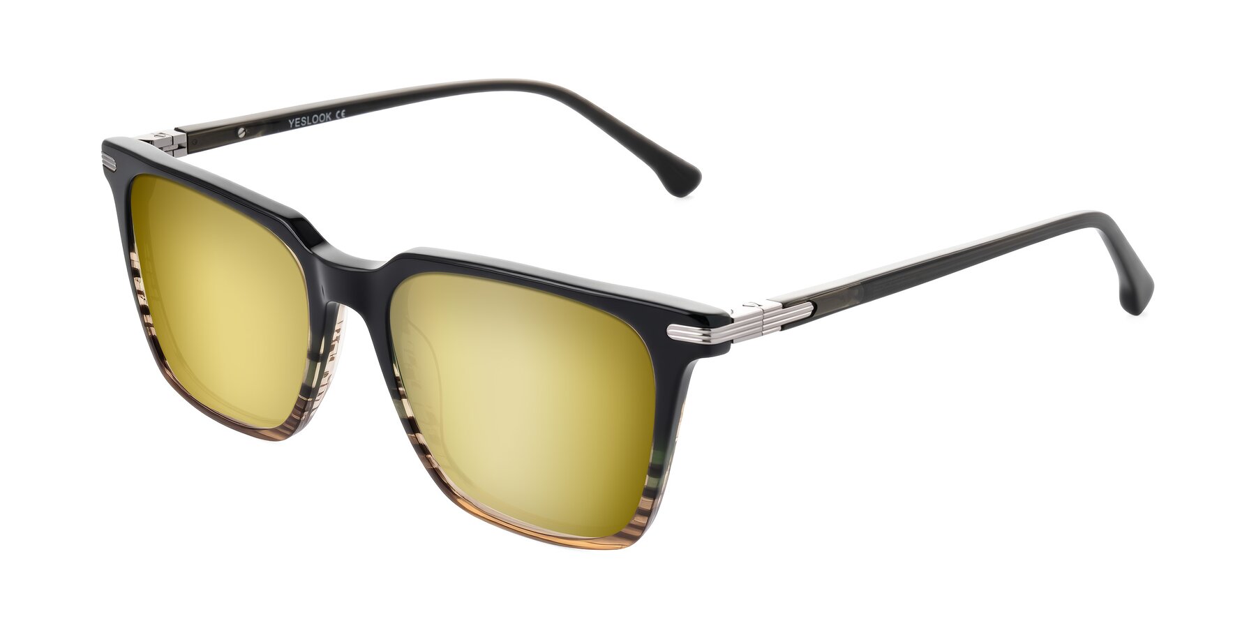 Angle of Miyaha in Dark Green Brown Striped with Gold Mirrored Lenses