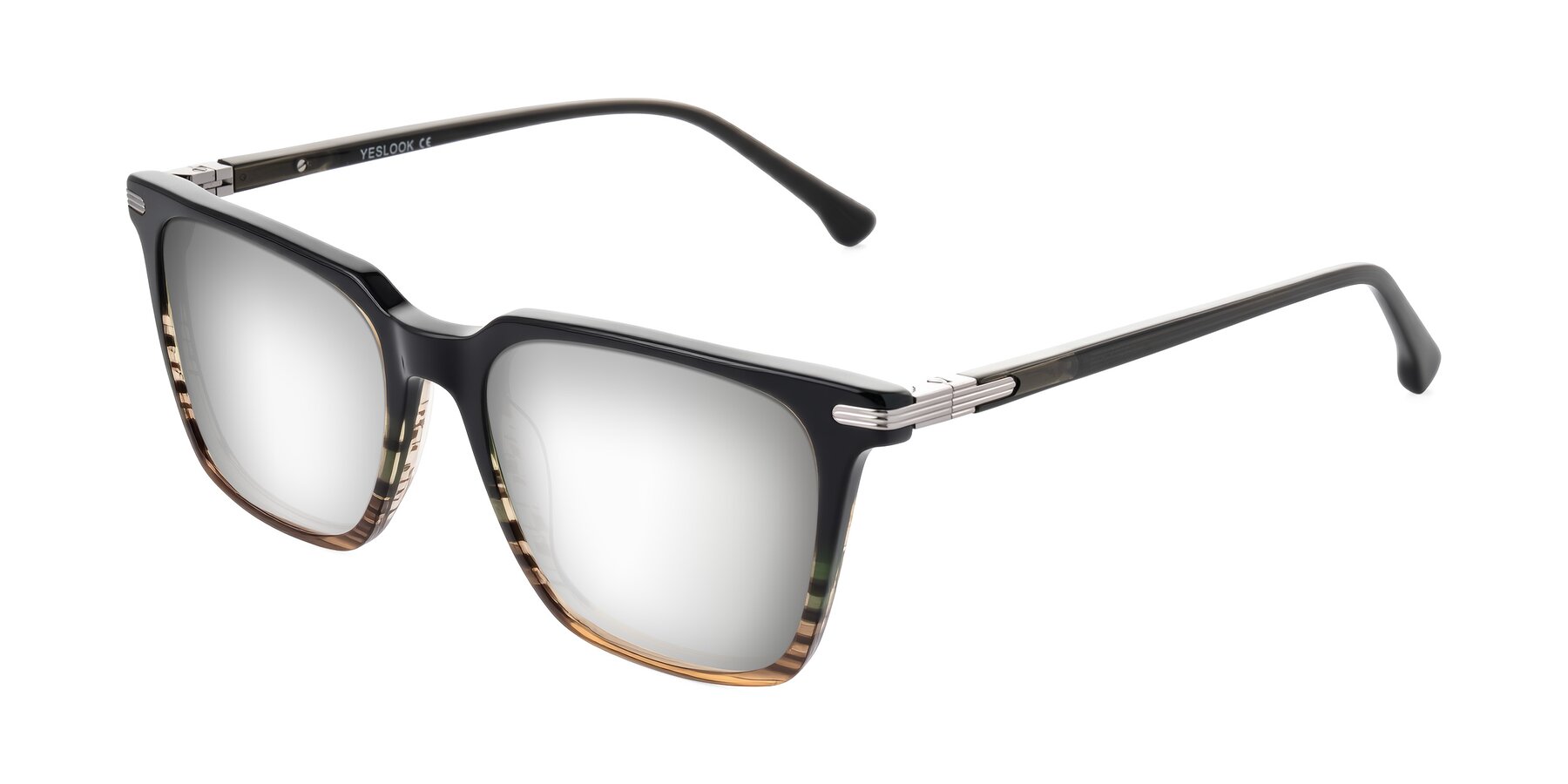 Angle of Miyaha in Dark Green Brown Striped with Silver Mirrored Lenses