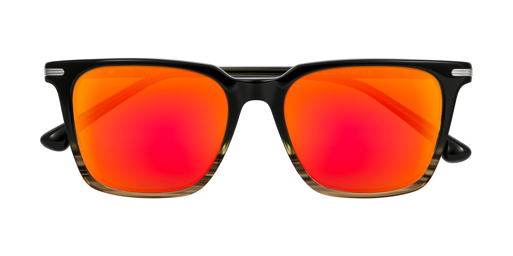 Folded Front of Miyaha in Dark Green Brown Striped with Red Gold Mirrored Lenses