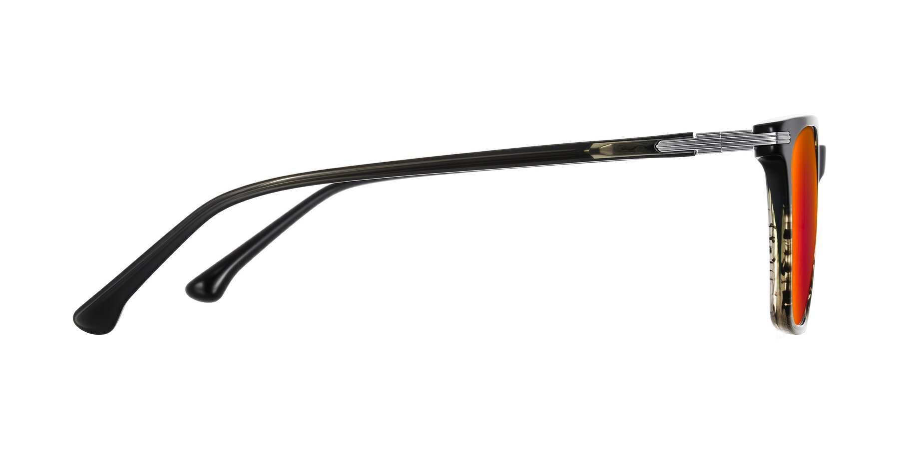 Side of Miyaha in Dark Green Brown Striped with Red Gold Mirrored Lenses