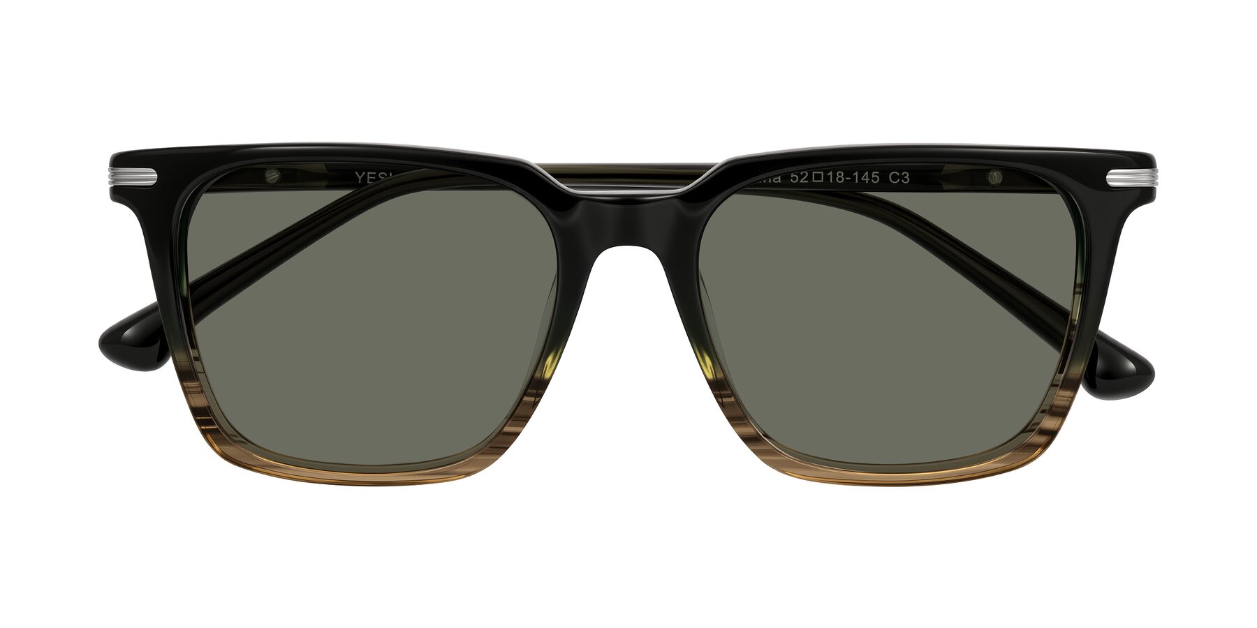Folded Front of Miyaha in Dark Green Brown Striped with Gray Polarized Lenses