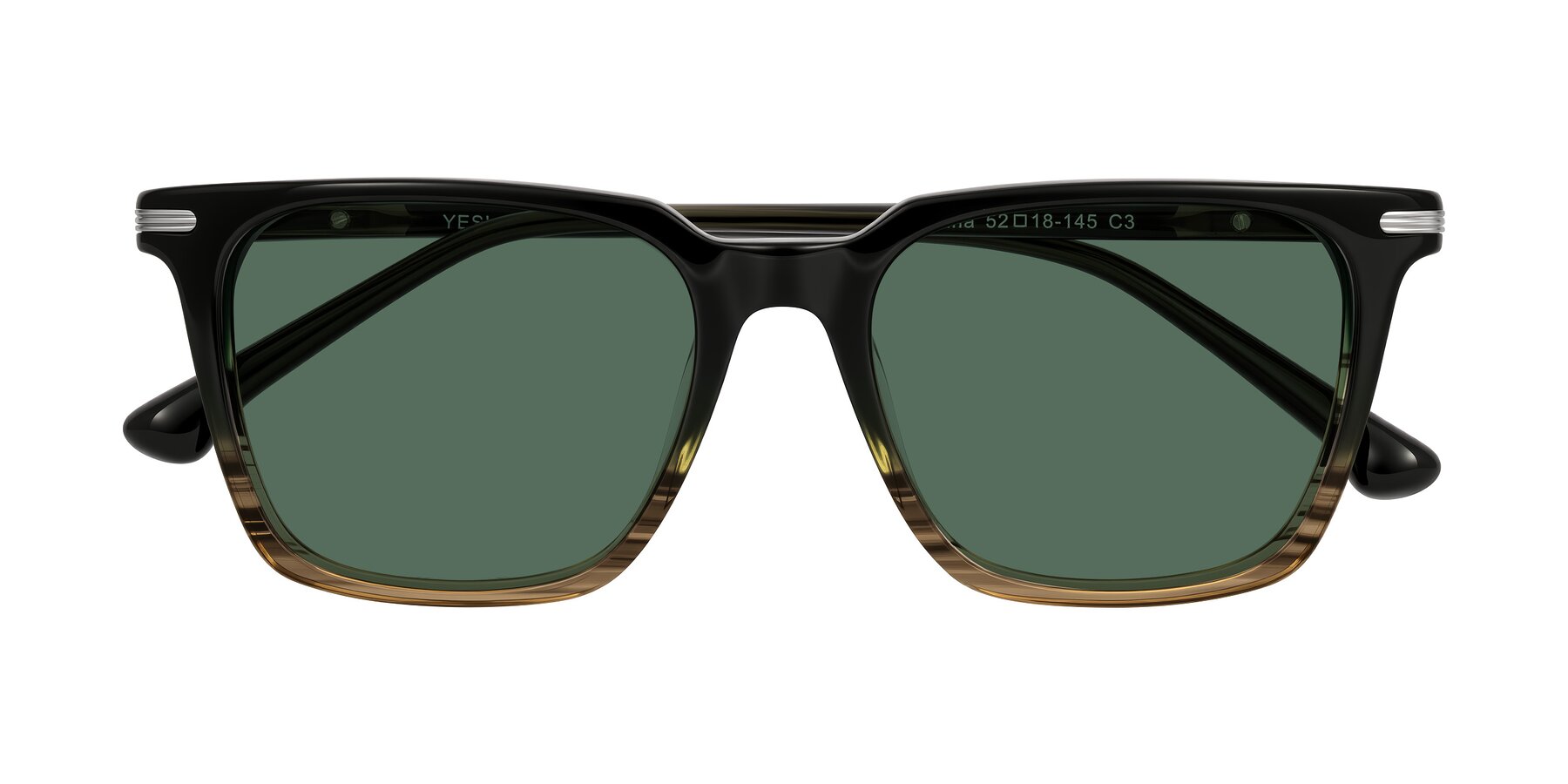 Folded Front of Miyaha in Dark Green Brown Striped with Green Polarized Lenses