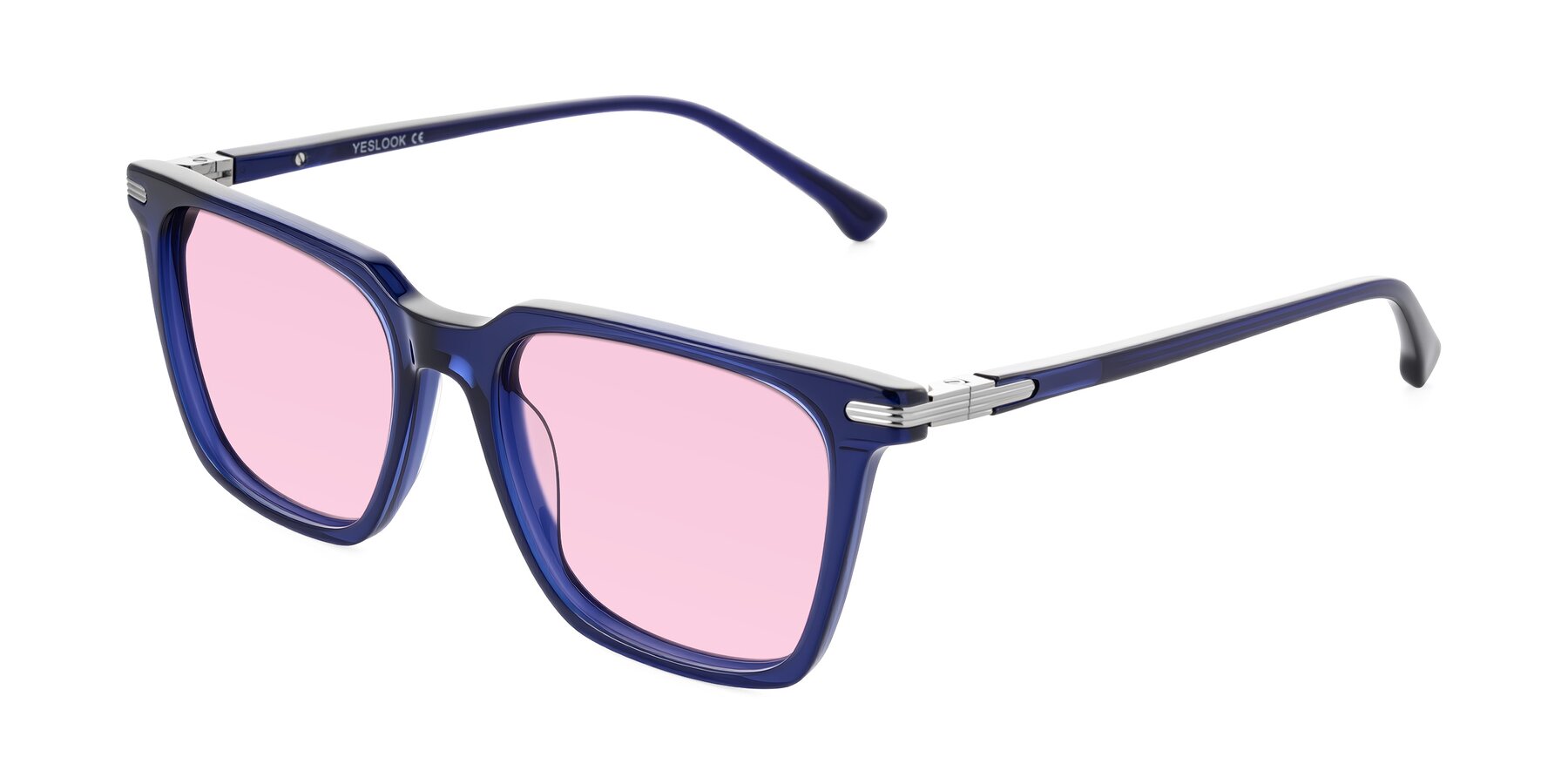 Angle of Miyaha in Navy Blue with Light Pink Tinted Lenses